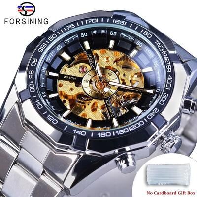 Inspired Finds Forsining Luxury Skeleton Watch Stainless Steel Mechanical Men's Wristwatch With Waterproof Sport Design golden Silver