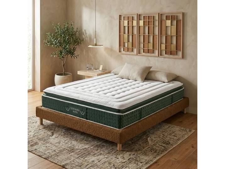 Ensemble lit et matelas - SAMPUR - Émeraude - 160x200 - Tissu bouclette camel - Matelas hôtelier 33cm mémoire de forme