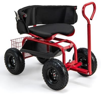 Costway Cushioned Rolling Garden Cart Scooter with Storage Basket and Tool Pouch-Black & Red