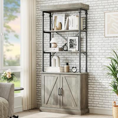 Garvee Tall Bookshelf with Doors Industrial Bookcase Freestanding Shelf