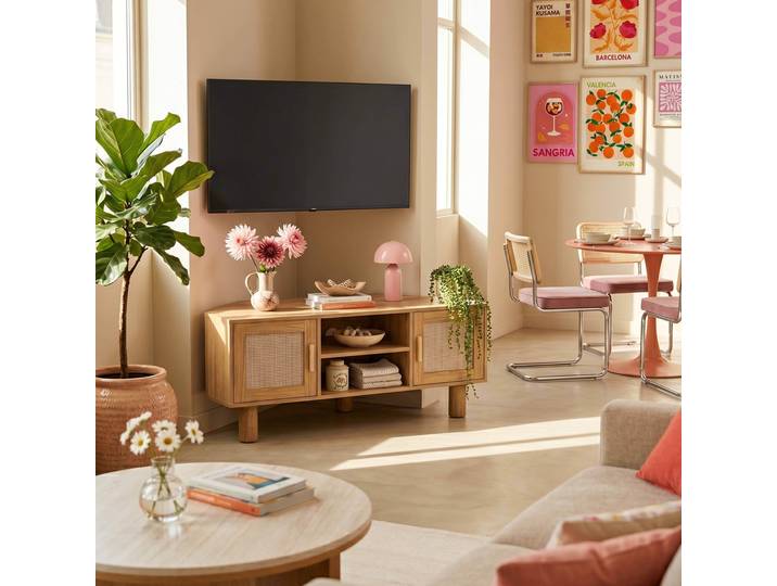 Oviala - Meuble TV d'angle effet bois et cannage 120 cm en rotin synthétique style bohème
