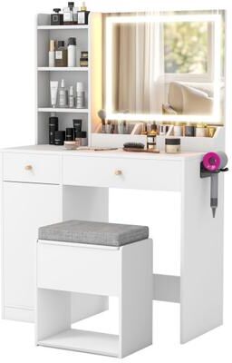 Costway Vanity Dressing Table and Chair Set with Mirror and Lights-White