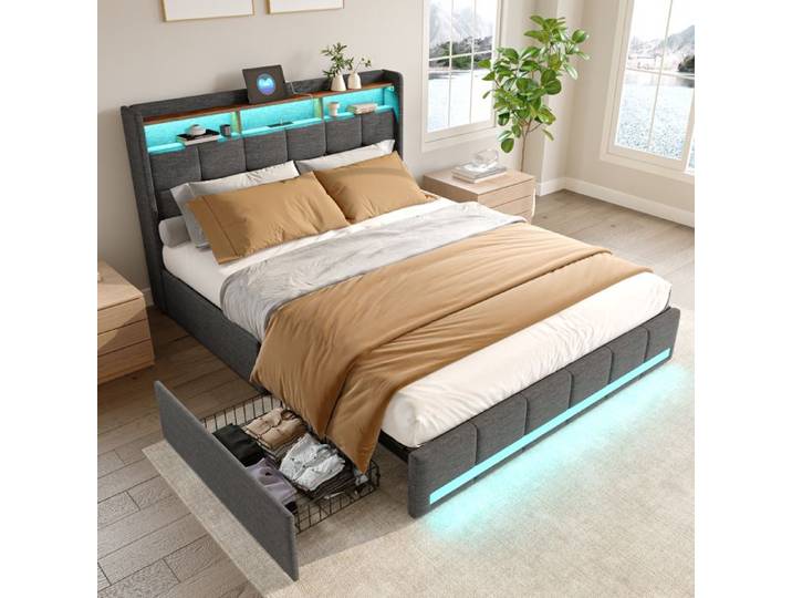 Lit double 140x200 - PERGAR - Lit capitonné - 4 tiroirs - LED réglable - Charge USB