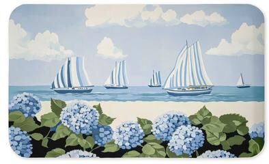 "Stupell Sailboats And Hydrangeas Ergonomic Non Slip Kitchen Mat Recycled Cushioned, 18""x30"""