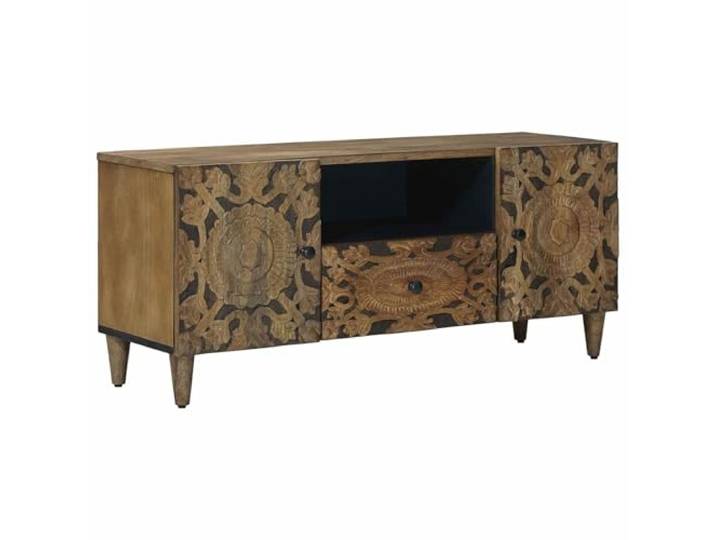 Makastle TV-Schrank Braun Massivholz Mango 105 x 33,5 x 46 cm mit 2 Türen und 1 Schublade