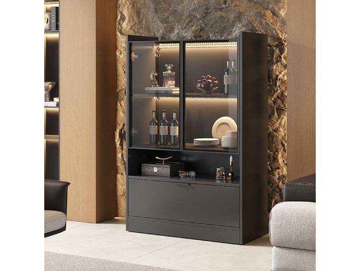 Vitrine LED Noir mat hauteur 120 cm vitrine en verre vitrine sur pied avec éclairage panneau de particules