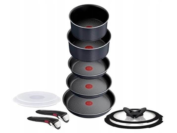 Tefal Ingenio So'Light Topfset, 11-teilig, Schwarz, Aluminium, Abnehmbare Griffe, Antihaftbeschichtung, Induktionsgeeignet, Mit Glas- und Kunststoffdeckeln