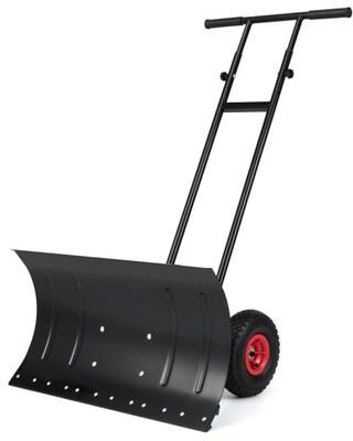Costway 29 Inch Snow Pusher Heavy Duty Metal Shovel with Wheels and Adjustable Handle-Black