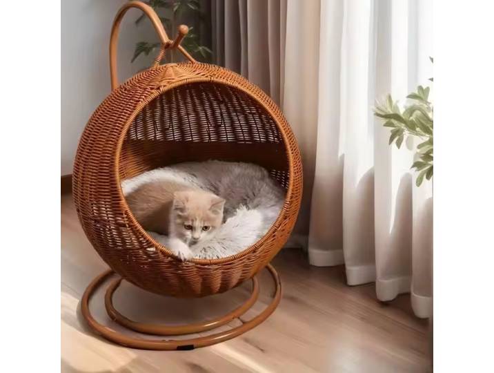 Hamac Semi-fermé pour animaux de compagnie, nid suspendu pour chat, Cage ronde en rotin pour chat, lit avec coussin en peluche, berceau pour animaux de compagnie, accessoires pour chat