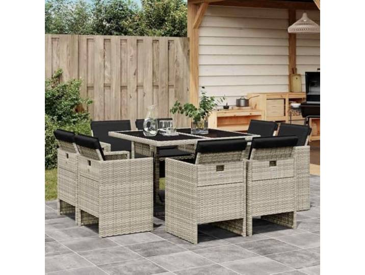 ZQQLVOO 9-TLG. Poly Rattan Essgruppe Hellgrau mit Kissen Klappbare Gartenstühle, platzsparende Aufbewahrung, Tischplatte aus Hartglas, abnehmbare Bezüge