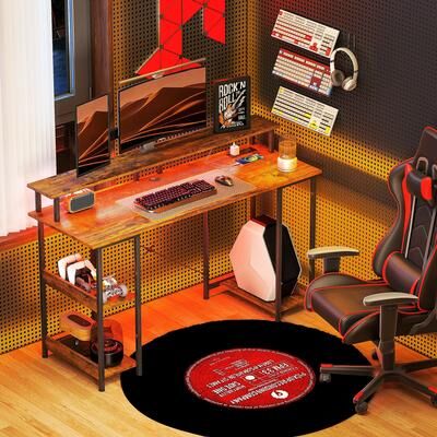 "HOMCOM 55"" Reversible Computer Desk with Power Outlets and LED Lights,Home Office Desk with Monitor Stand"
