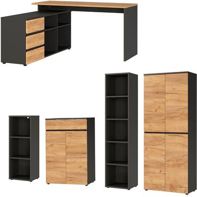 Büromöbel-Set GERMANIA "Lissabon", grau (graphit, navarra, eiche), H:197cm T:145cm, Arbeitsmöbel-Sets, Büromöbel-Set, inklusive Winkelschreibtisch, 2 Aktenschränken und 2 Aktenregalen