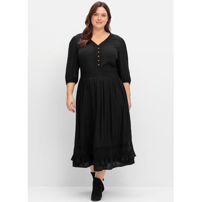 Maxikleid SHEEGO BY JOE BROWNS "Maxikleid", Damen, Gr. 46, Normalgrößen, 3/4 Arm, schwarz, 100% Viskose, Spitze:100% Baumwolle, unifarben, lang, V-Ausschnitt, Kleider Maxikleid
