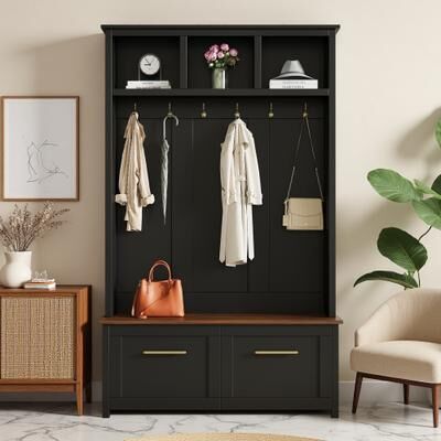 ZWYO HOSIMU Versatile 4-in-1 Hall Tree with 6 Golden Hooks, Wood Grain Bench and 2 Drawers for Living Room, Hallway