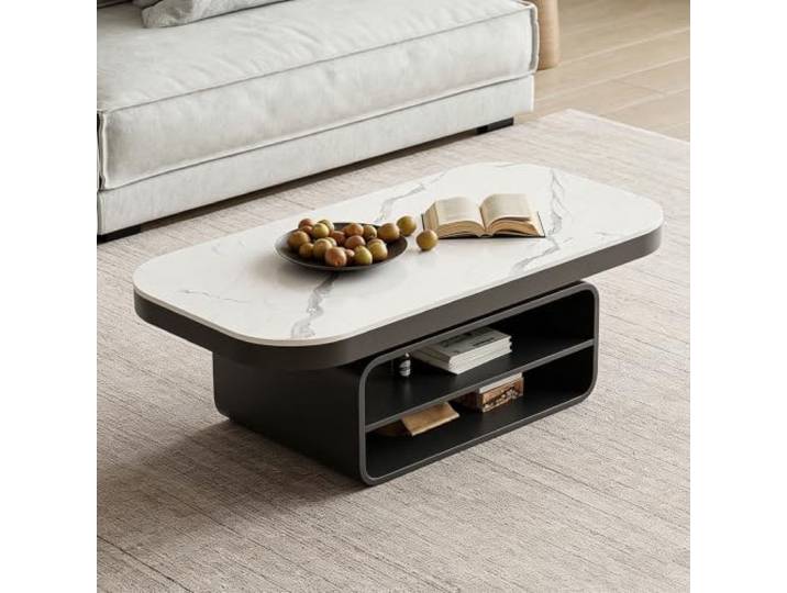 Quadratischer Couchtisch mit massiver Tischplatte und integriertem Stauraum Luxuriöser Couchtisch mit Sinterstein-Platte und großem Stauraum-Sockel – ideal für Eigentumswohnungen(B,80cm/31.5in)