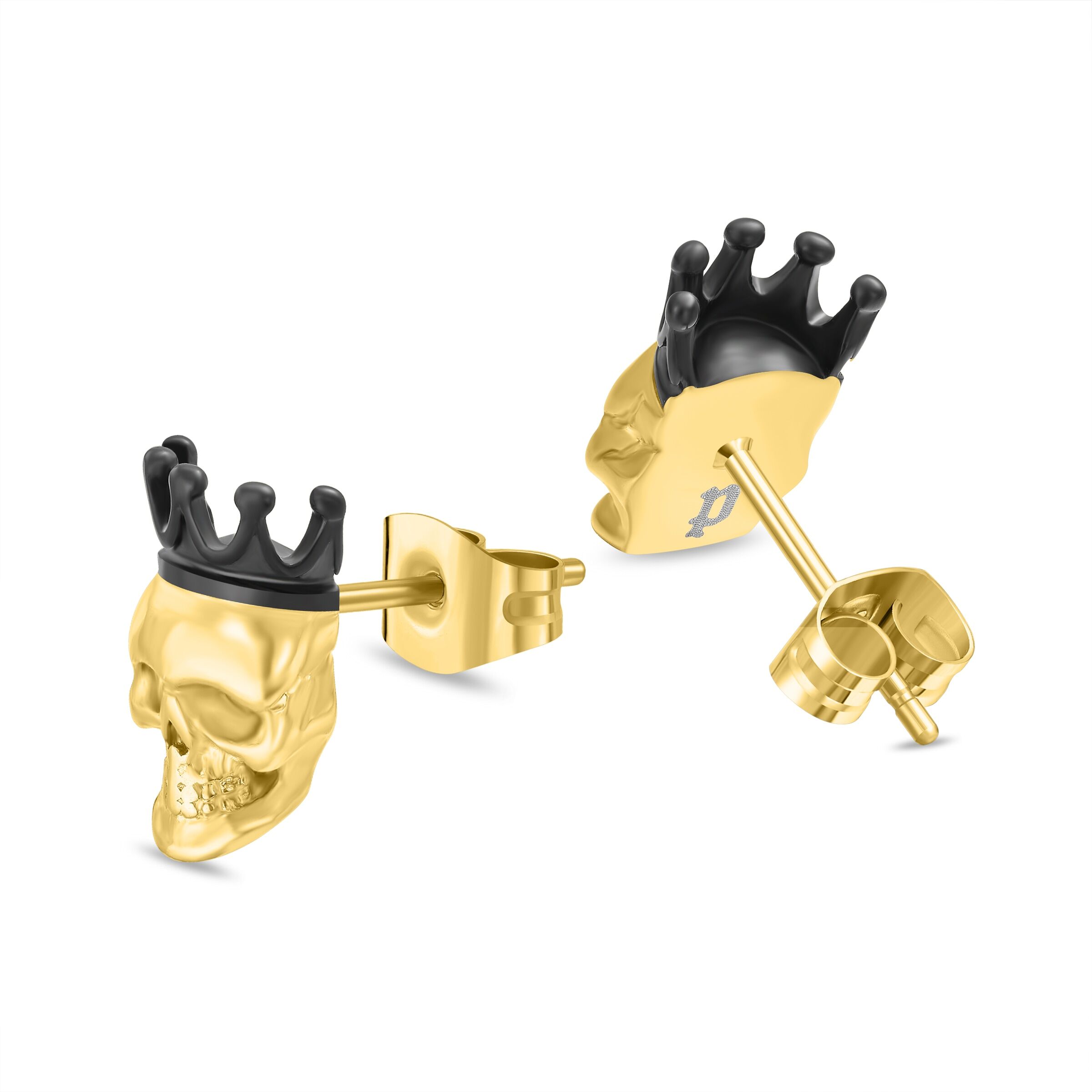 Paar Ohrstecker POLICE "Iconic Skull Totenkopf Krone", gold (gelbgoldfarben, schwarz), Ohrringe, Damen, 12mm, Edelstahl, Paar Ohrstecker