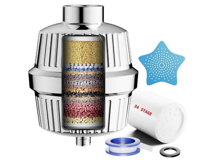 Duschfilter mit Vitamin C für hartes Wasser, 34 Stufen, Kalkfilter mit 2 Patronen, entfernt Chlor & Schwermetalle, Chrom