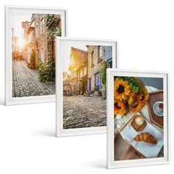 BILDER SET 3er Set - 40x60 cm Weißer Rahmen - Straßenkaffee Sonnenblumen