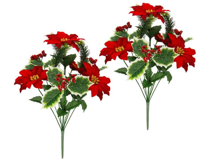Kunstblume I.GE.A. Poinsettiastrauß , rot, B:30cm H:45cm L:18cm, Polyester, Kunstpflanzen, Kunstblume, 2er Set Bouquet aus Weihnachtsstern Ilex Beeren Tanne Weihnachtsdeko