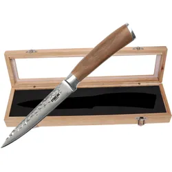 STONELINE Hammerschlag Damastmesser Allzweck-Messer extrem scharfe 12 cm Klinge aus 67 Lagen, Damast Profi Küchenmesser mit Hammerschlag & Nussbaumgriff