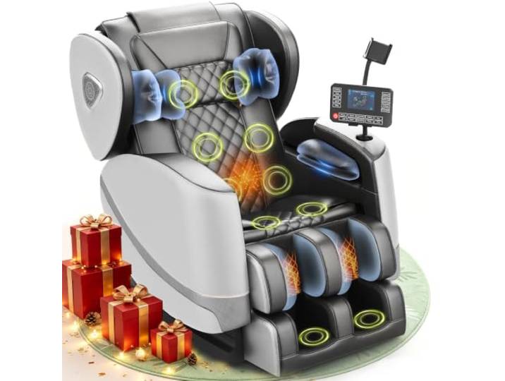 Massagesessel, Ganzkörper-Massagesessel mit Zero-Gravity, 14 Rollen und 8 Komfort-Airbags, Mit Heizfunktion für Taille und Beine Fußmassage, Bluetooth-Player und 2-in-1 Touchscreen (Hellgrau)