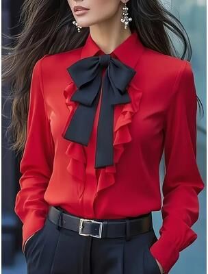 Fabled Fashion Studio Womens Bow Tie Blouse With Ruffle Trim And Long Sleeve red s