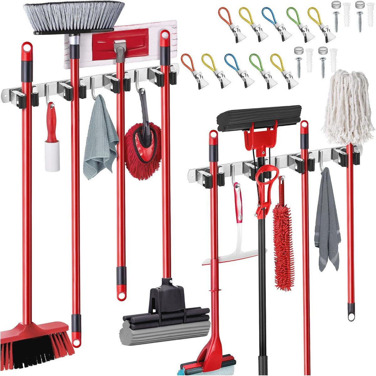 Mop en Bezem Houder Wandhouder - Zelfklevende RVS Organizer met 4 Klemmen en 3 Haken