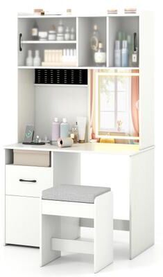 Costway 67 Inches Tall Vanity Set with Mirror Makeup Dressing Table with Charging Station-White