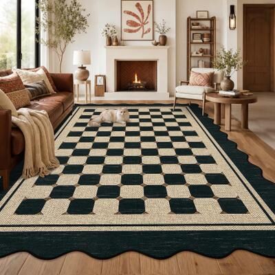 Garvee Scalloped Easy Jute Indoor Outdoor Geometric Checkered Area Rug