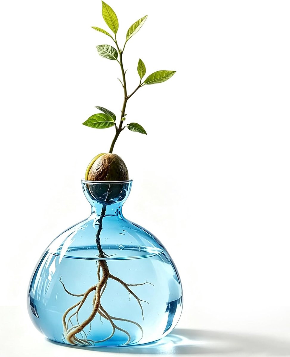 Blauwe glazen avocado-vaas voor avocado-kernen en hydrocultuur