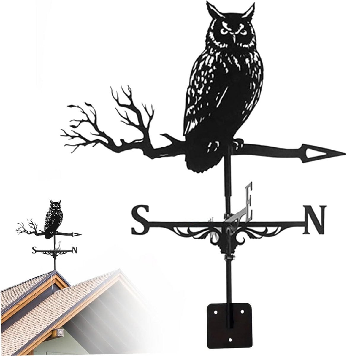 Decoratieve Metalen Weerhaan Uil voor Dakbevestiging, Weerbestendig Zwart