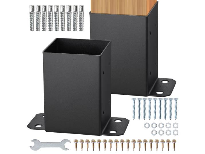 SucceBuy 4x4/ 6x6 Base de poteau 2/ 4 pièces ancre de poteau enduit de poudre supports de poteau en bois noir mat pour garde-corps de pont de pavillon
