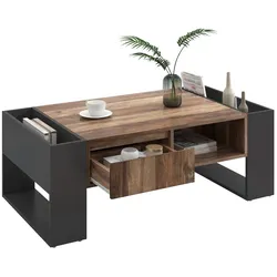 Merax Couchtisch aus Holzmaserung, mit Eine grifflose Schublade, ein Staufach und Heckstaufach,doppelseitiger Stauraum