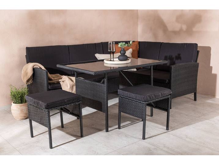 Garten Loungeset Jess – 5-teilig aus schwarzem Kunstrattan mit Glastisch - Schwarz - Luxusbetten24
