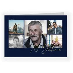 Einladungskarte 70. Geburtstag: Collage mit Fotos in Blau