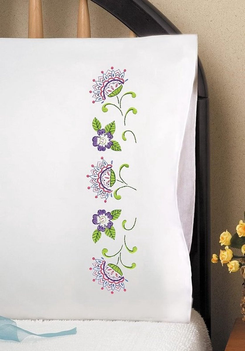 Borduurset met 2 kussenslopen met bloemenpatroon, 50 x 75 cm