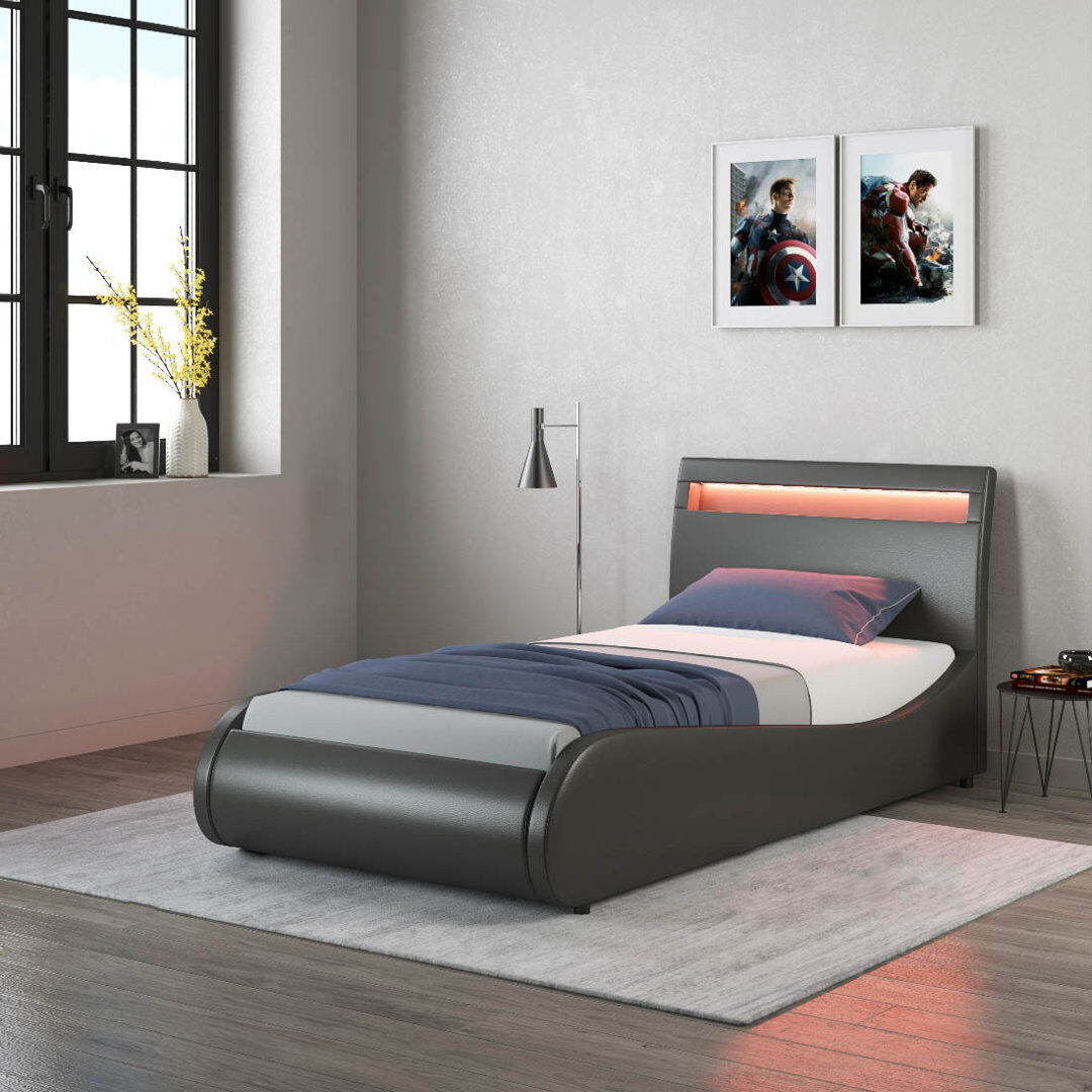 Ivy Bronx Atropus LED Faux Leather Bed Frame Black Single (3')