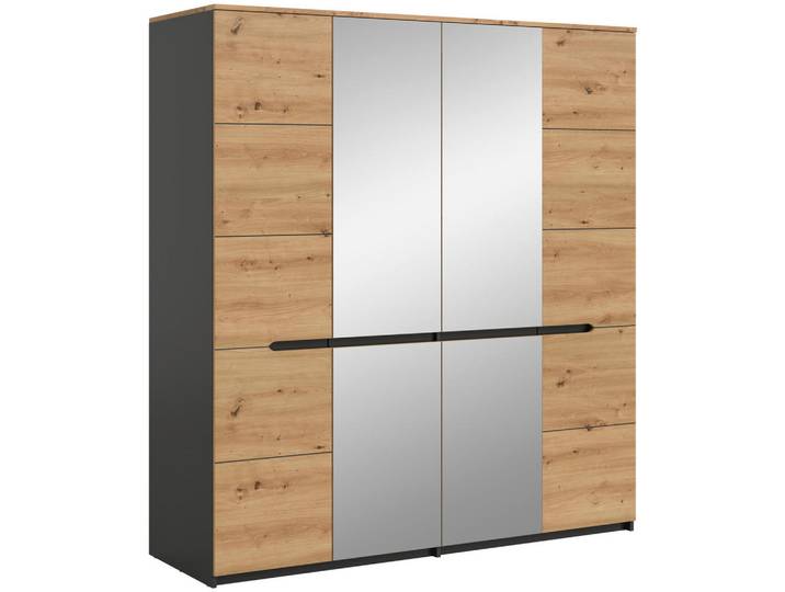 Livetastic Drehtürenschrank, Grau, Eiche Artisan, Glas, Holzoptik, 180x198x59 cm, griffloses Öffnen, Schrankfront mit Spiegel, Schlafzimmer, Kleiderschränke, Kleiderschränke mit Spiegel