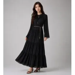 Michael Kors für Damen. MT683L17R3 Schwarzes Maxikleid mit gerafftem Ausschnitt und Bindeband (M), Lässig, Party, Langarm, Recyceltes Polyes