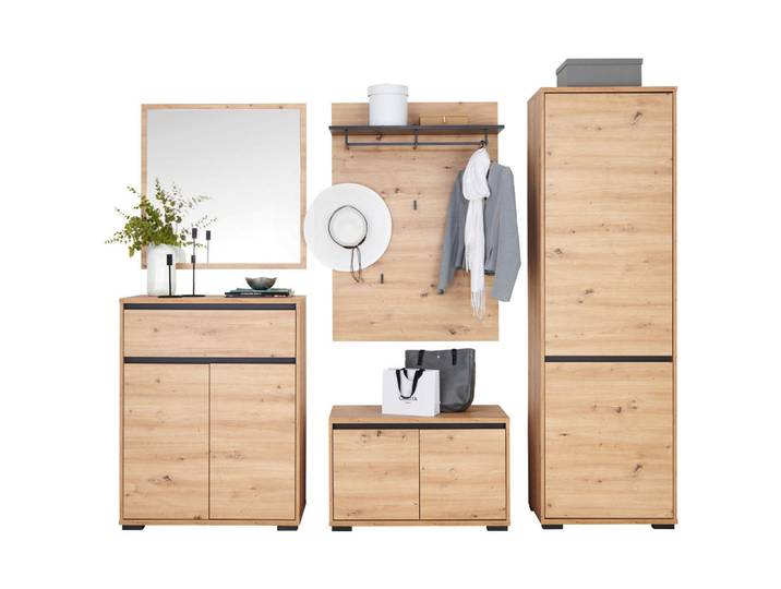 Xora Garderobe, Anthrazit, Eiche Artisan, 220x195x38 cm, Garderobe, Garderoben-Sets & Garderoben-Serien, Garderoben-Sets