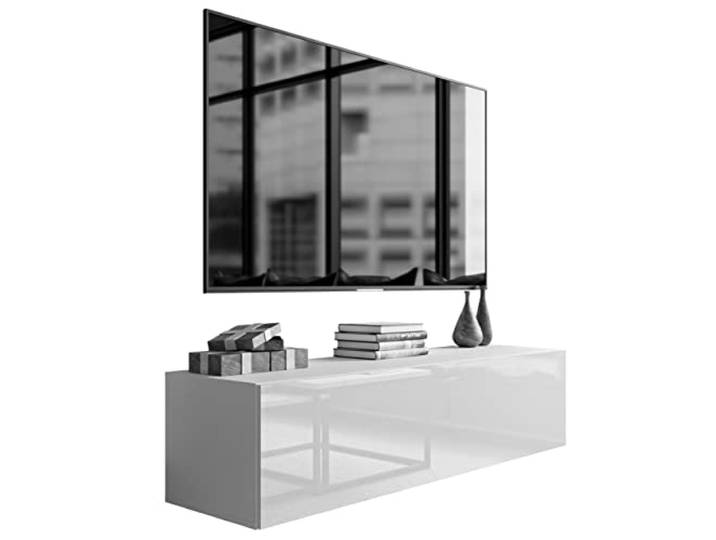 lukmebel Colgante TV-Ständer Doppelschrank mit Push-to-Open-Mechanismus Wandmontage Glatte Minimalistische Front aus Laminierter Platte 40x150x36 cm Weiß/Glänzend Weiß