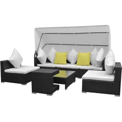 vidaXL 7-tlg. Garten-Lounge-Set mit Sonnendach Poly Rattan Schwarz