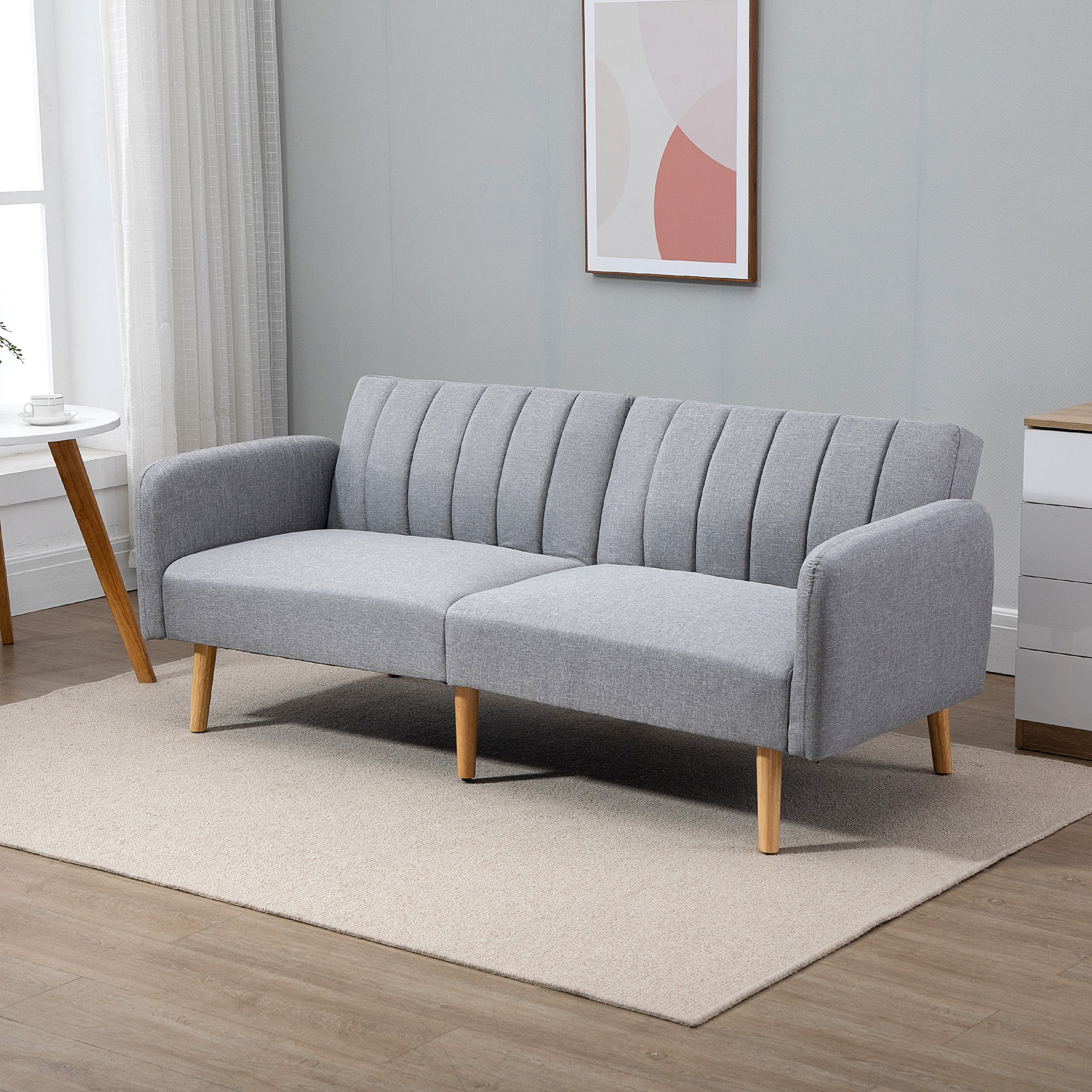 Homcom Divano Letto Convertibile 2 Posti Design Scandinavo Schienale regolabile 3 Posizioni Piedi in Legno Tessuto Effetto Lino Grigio
