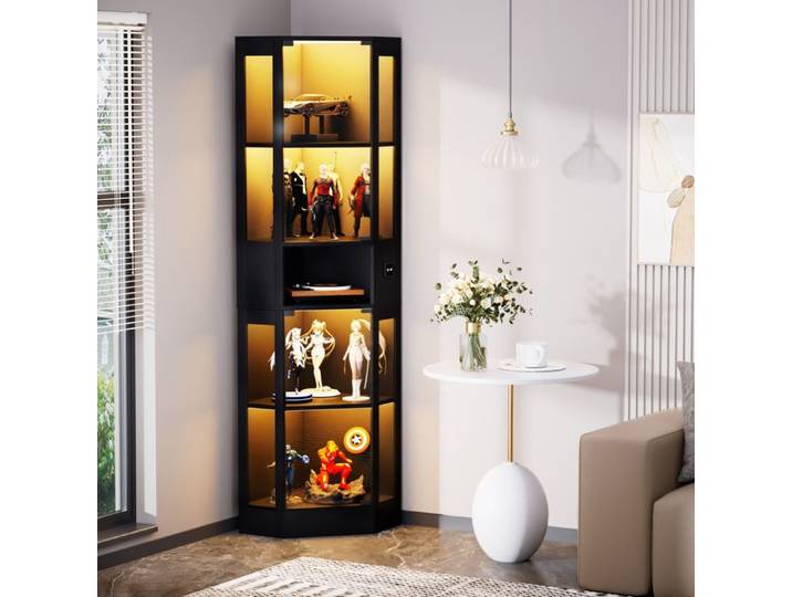 WOVREO vitrine en verre 5 niveaux 57 x 40 x 165 cm LED 3 couleurs capteur de mouvement MDF et verre noir