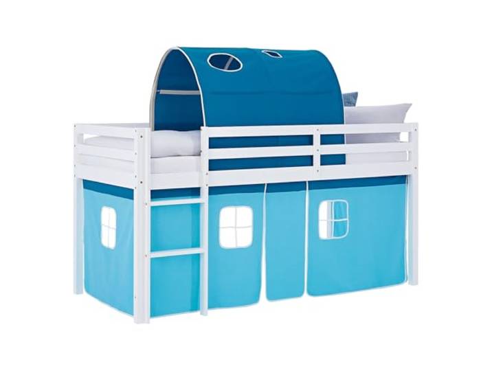 Homestyle4u Kinderbett 90x200 Blau - Hochbett aus Kiefer Massiv mit Tunnel Spielbett inklusive Lattenrost, Rausfallschutz & Vorhang - Kinderhochbett aus Holz - Stabil & Sicher - Hellblau & Weiß