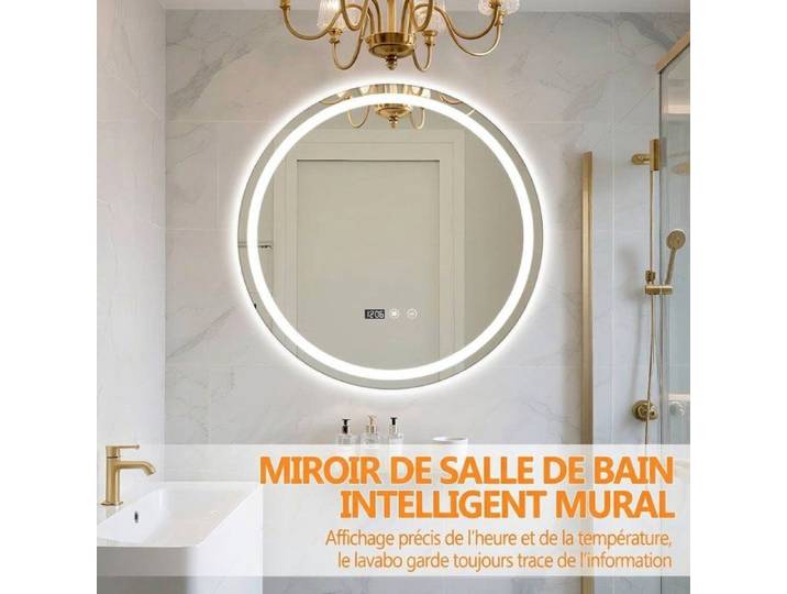 Miroir de salle de bain rond LED 60x60cm - WILITTO - Interrupteur tactile - antibuée - Verre - A suspendre - Contemporain - design