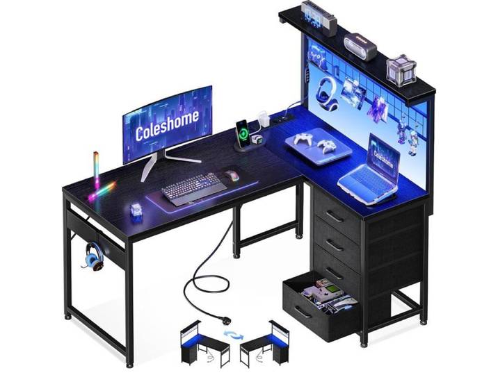 Bureau Gaming en L d'Angle avec LED et Rangements - Bureau Gamer avec Prise USB - Bureau d'Ordinateur Noir 110x80cm