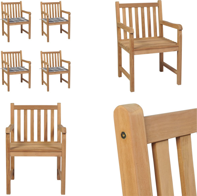 vidaXL Gartenstühle 4 Stk. Graue Karomuster Kissen Massivholz Teak - Gartenstuhl - Gartenstühle - Gartensessel - Holzstuhl
