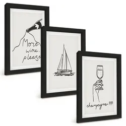 BILDER SET 3er Set - 20x30 cm Schwarzer Rahmen - Weinsegelboot-Glas-Linienzeichnung