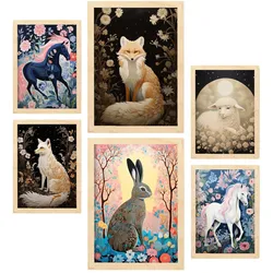 POSTER Set Mit 6 Blumentiere A3 & A4 Rahmen Aus Hellem Holz
